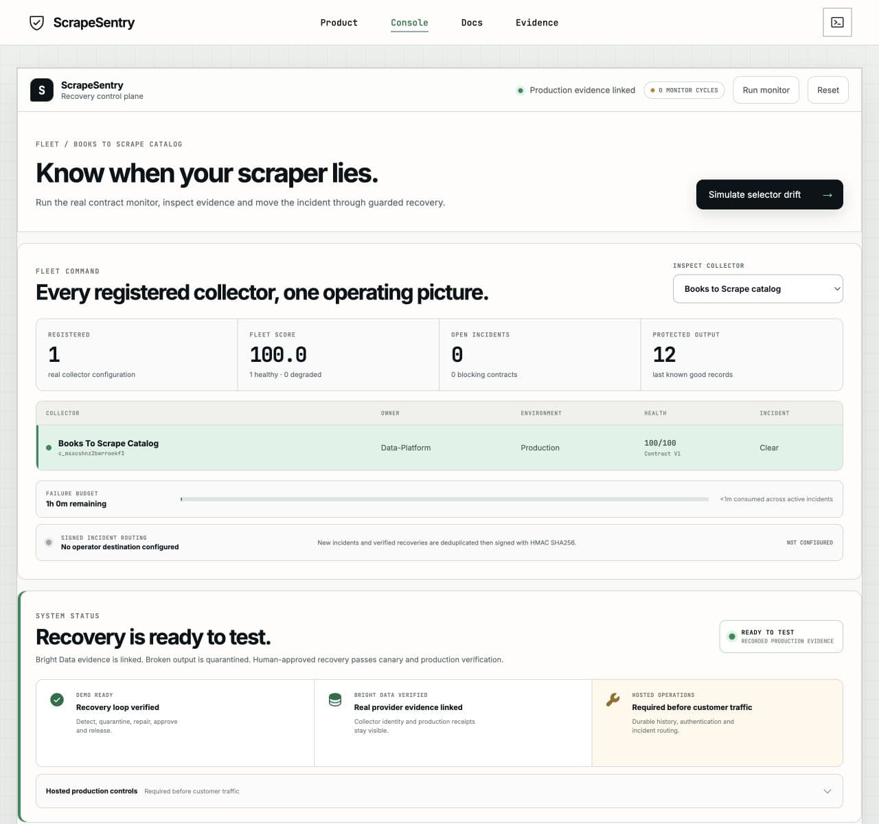 ScrapeSentry console showing a healthy collector and verified production baseline